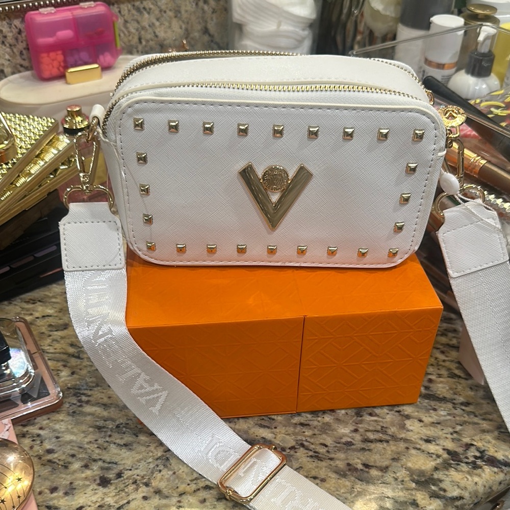 Gold Accented White Crossbody Bag with Studded Detailing
